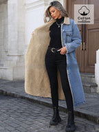 Manlish Women's Long Fleece Lined Denim Jacket  Loose Fit Cotton Outerwear