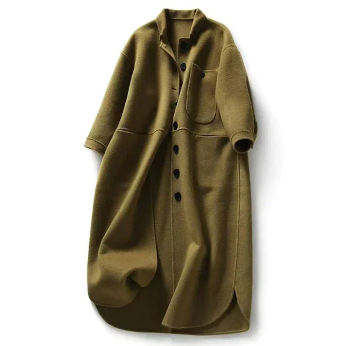 Women's Long Button-Front Jacket with Side Pockets and Relaxed Fit