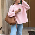 Women's Sweet Pink Crew Neck Winter Pullover - Oversized Loose-Fit Knit Sweater - Casual Drop Shoulder Top