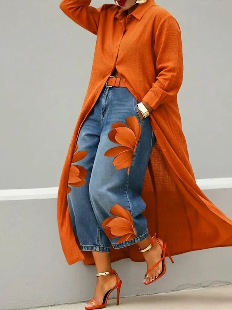 Women's Shirt Dress and Floral Jeans Two-Piece Set for Easy Layering