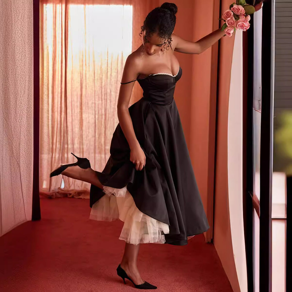 Women's Long Pink Dress - Bustier Style and Voluminous Skirt