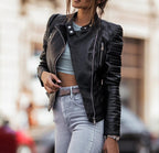 Quilted Biker Jacket for Women with Snap Collar and Zip Front Closure