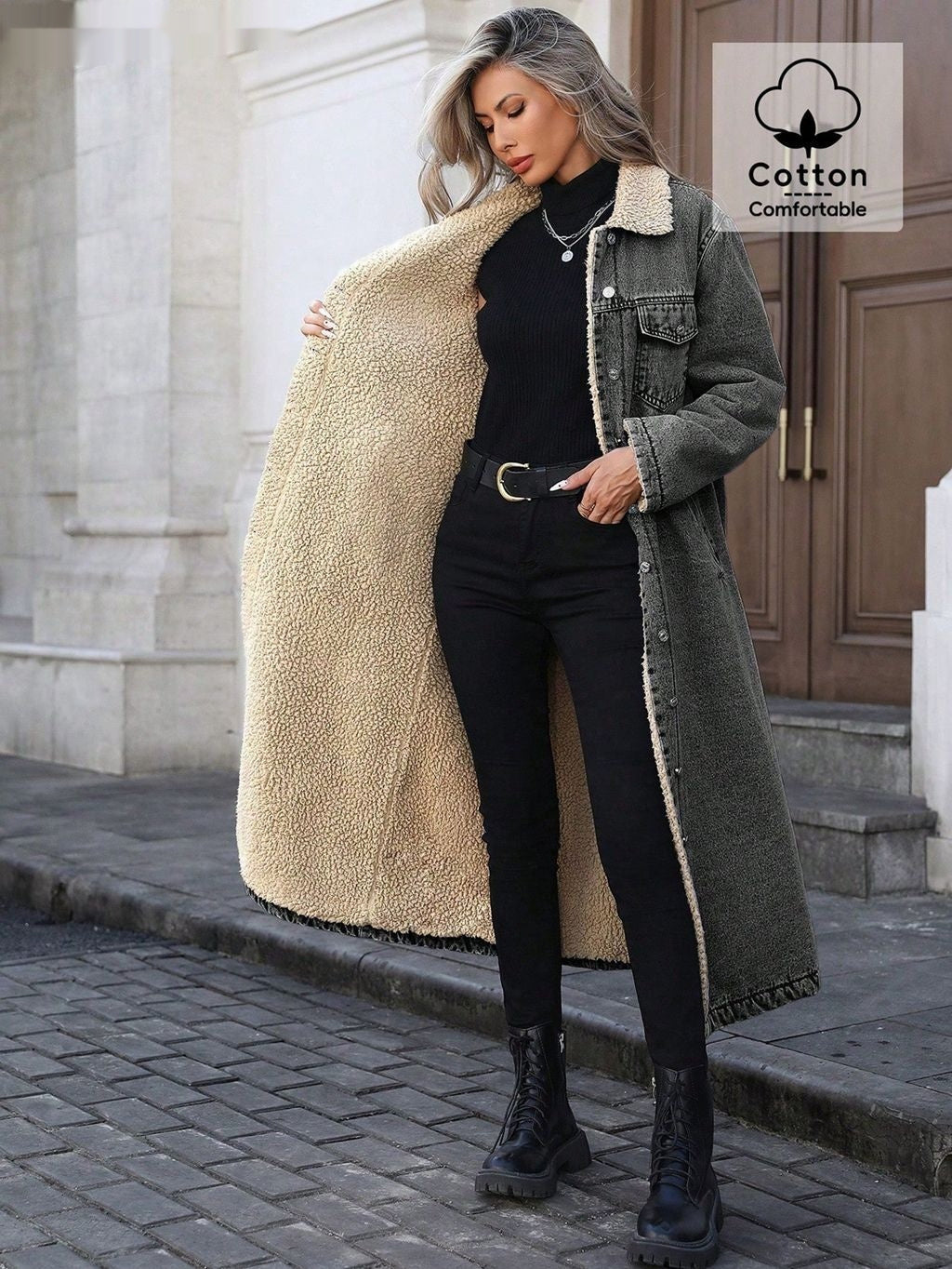 Manlish Women's Long Fleece Lined Denim Jacket  Loose Fit Cotton Outerwear