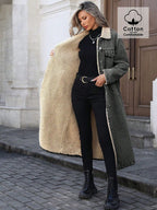 Manlish Women's Long Fleece Lined Denim Jacket  Loose Fit Cotton Outerwear