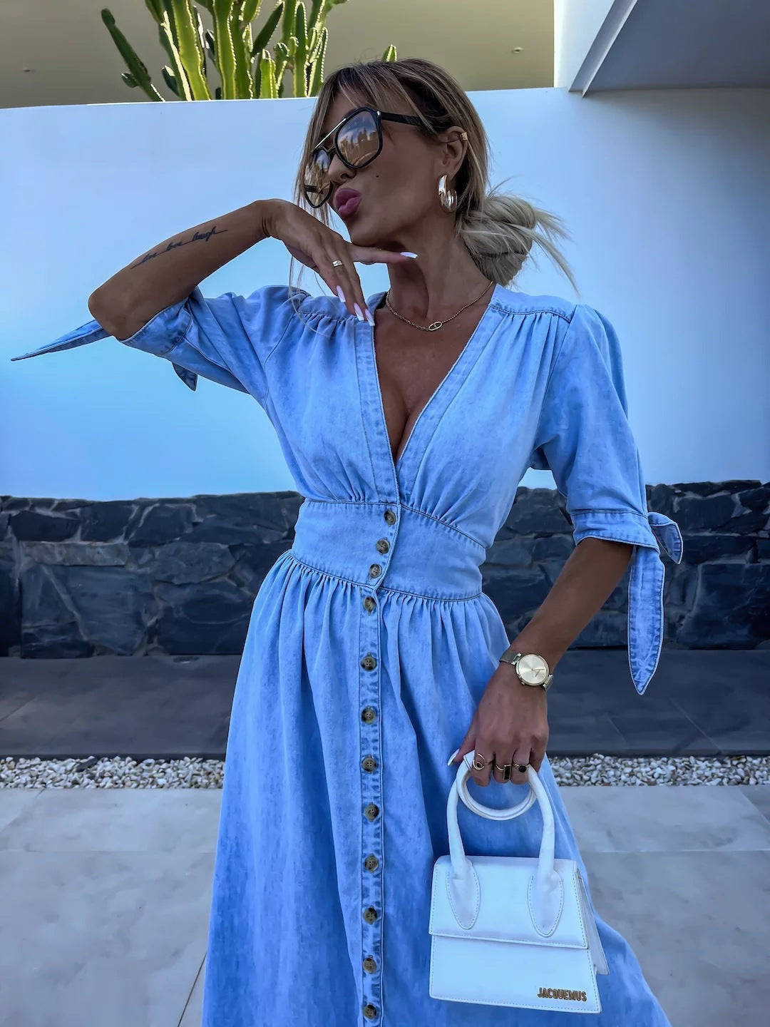 Elegant V-Neck Denim Dress for Women – Chic & Timeless Style