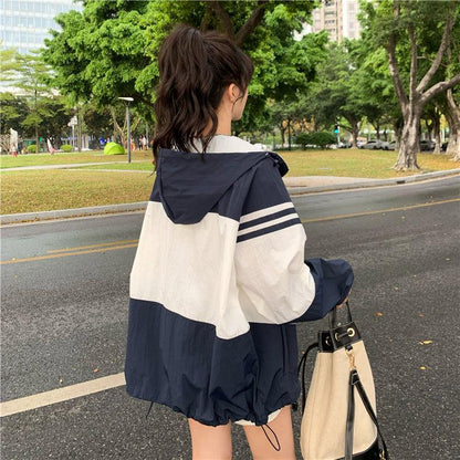 Contrast Color Hooded Sun Protection Clothing For Women Loose Thin Coat
