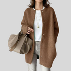 Oversized Button-Front Cardigan with Ribbed Cuffs and Open Collarless Neckline