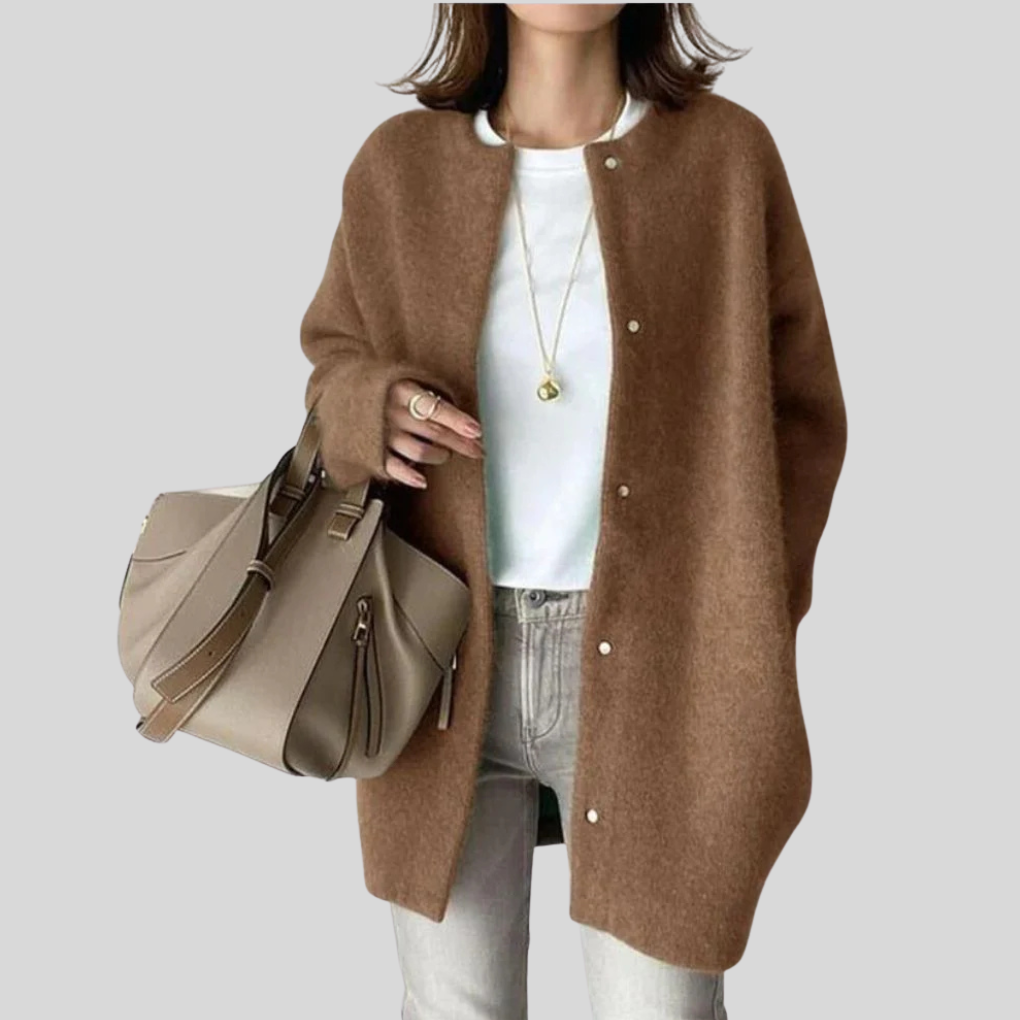 Oversized Button-Front Cardigan with Ribbed Cuffs and Open Collarless Neckline