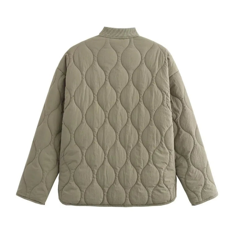 Quilted Women's Jacket with Stand Collar and Leopard Print Lining