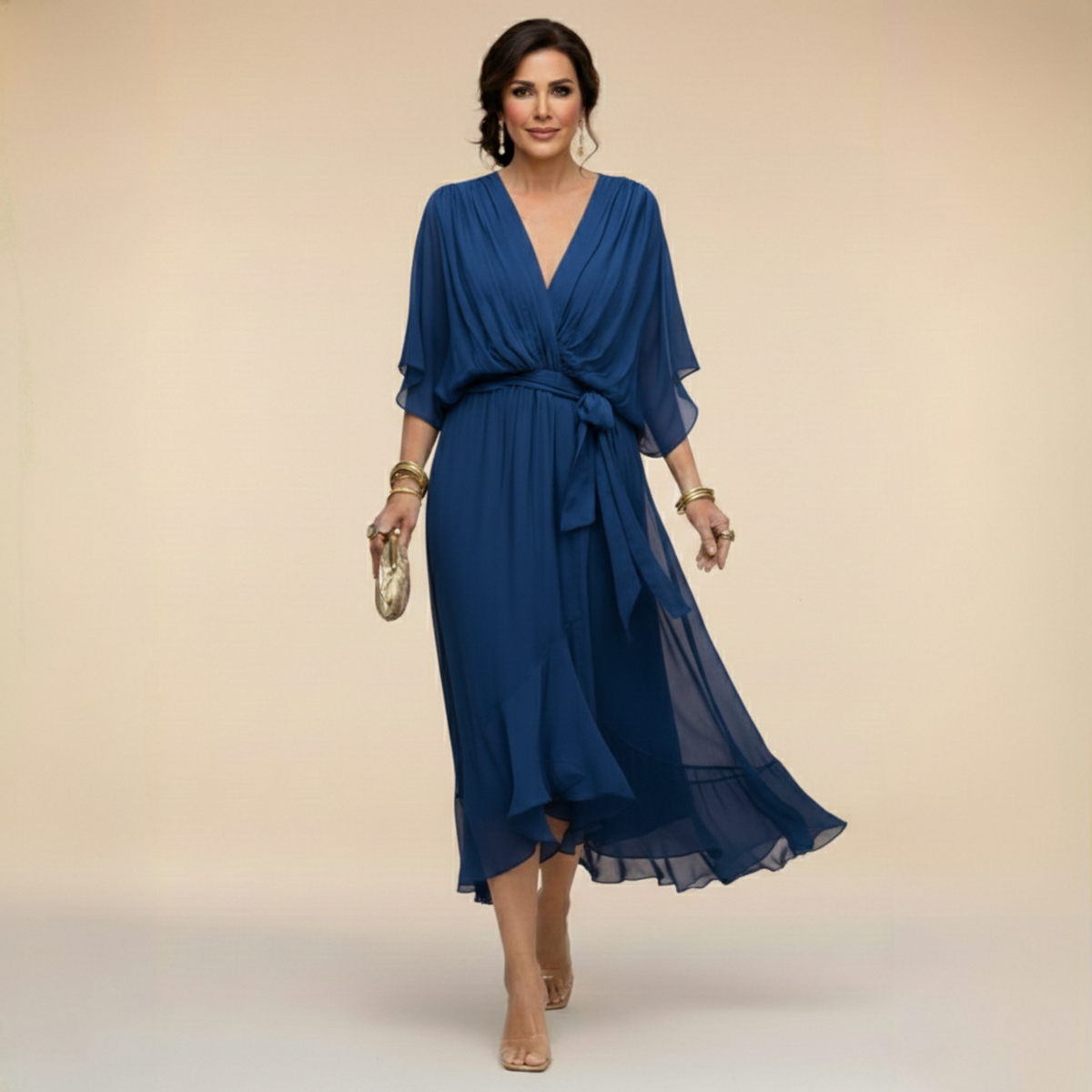 Women's Elegant V-Neck Flowy Sleeve Dress with Textured Layers