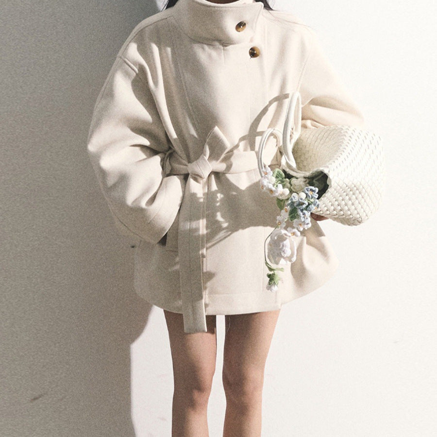 Women’s Wool-Blend Stand Collar Waist-Defined Coat