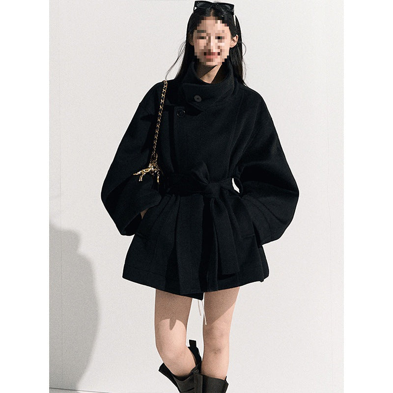 Women’s Wool-Blend Stand Collar Waist-Defined Coat