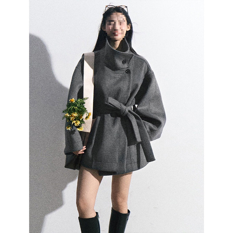 Women’s Wool-Blend Stand Collar Waist-Defined Coat