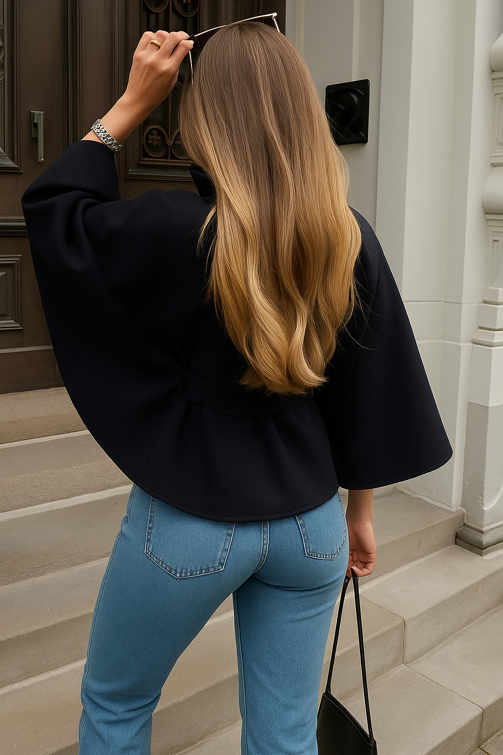 Elegant Women's Cape Coat with High Collar and Self-Tie Belt