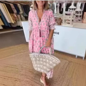 Women's bohemian V-Neck Puff  Sleeve Summer Dress