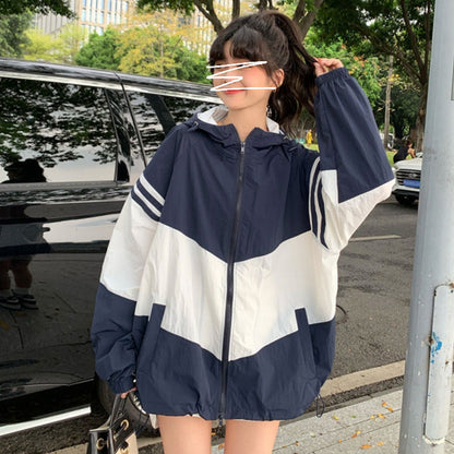 Contrast Color Hooded Sun Protection Clothing For Women Loose Thin Coat
