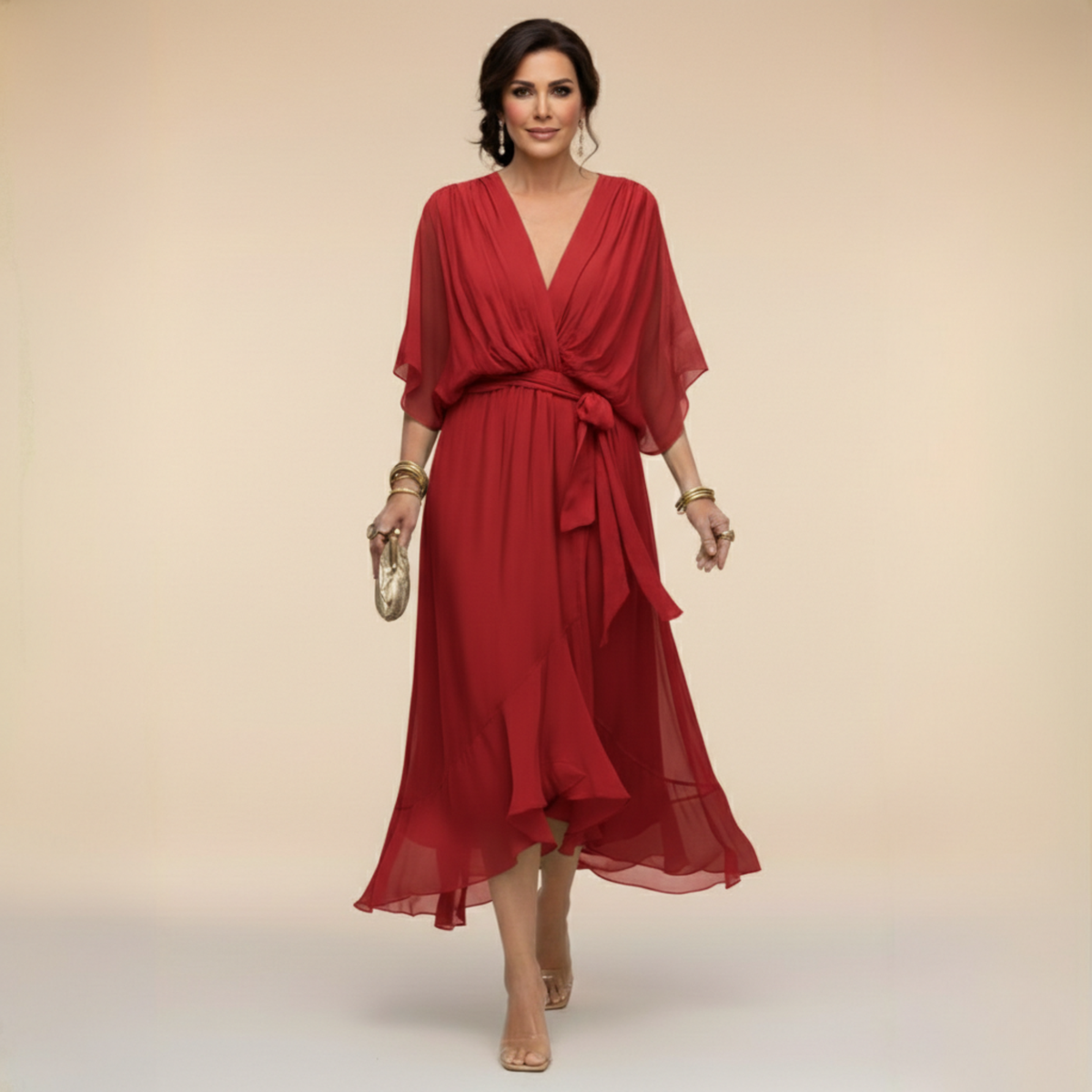 Women's Elegant V-Neck Flowy Sleeve Dress with Textured Layers