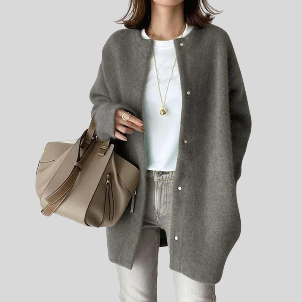 Oversized Button-Front Cardigan with Ribbed Cuffs and Open Collarless Neckline