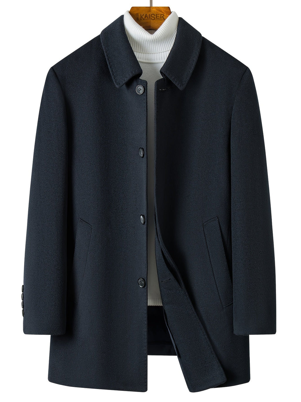 Men's Classic Button-Front Overcoat with Notched Collar and Side Pockets