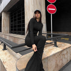Long-sleeve Minimalist Solid-color Deep-V Jumpsuit