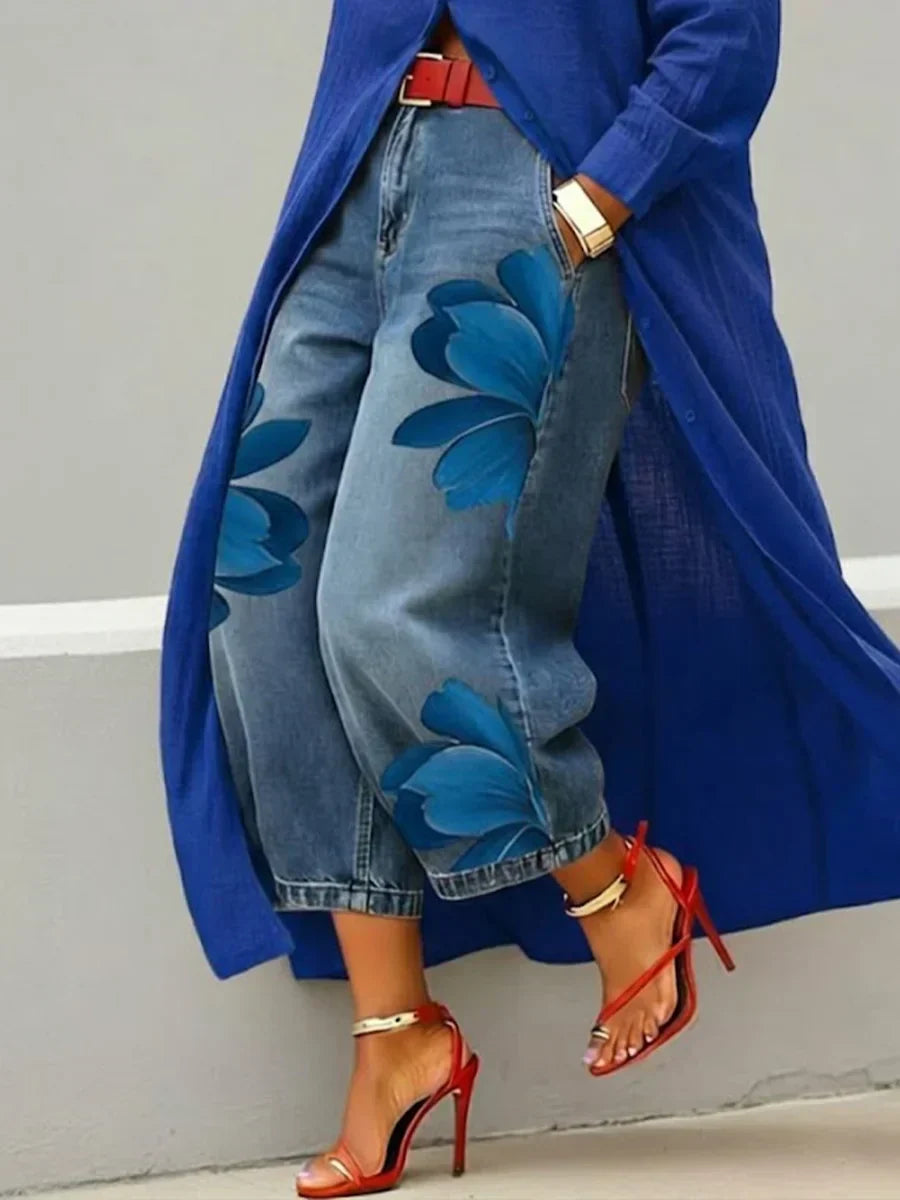 Women's Shirt Dress and Floral Jeans Two-Piece Set for Easy Layering