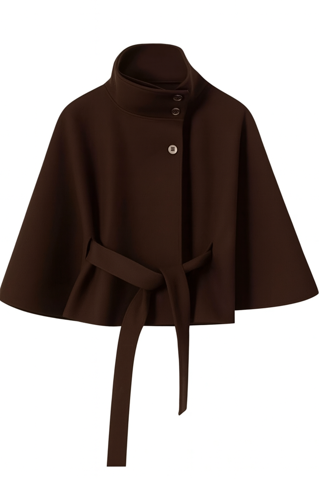 Elegant Women's Cape Coat with High Collar and Self-Tie Belt