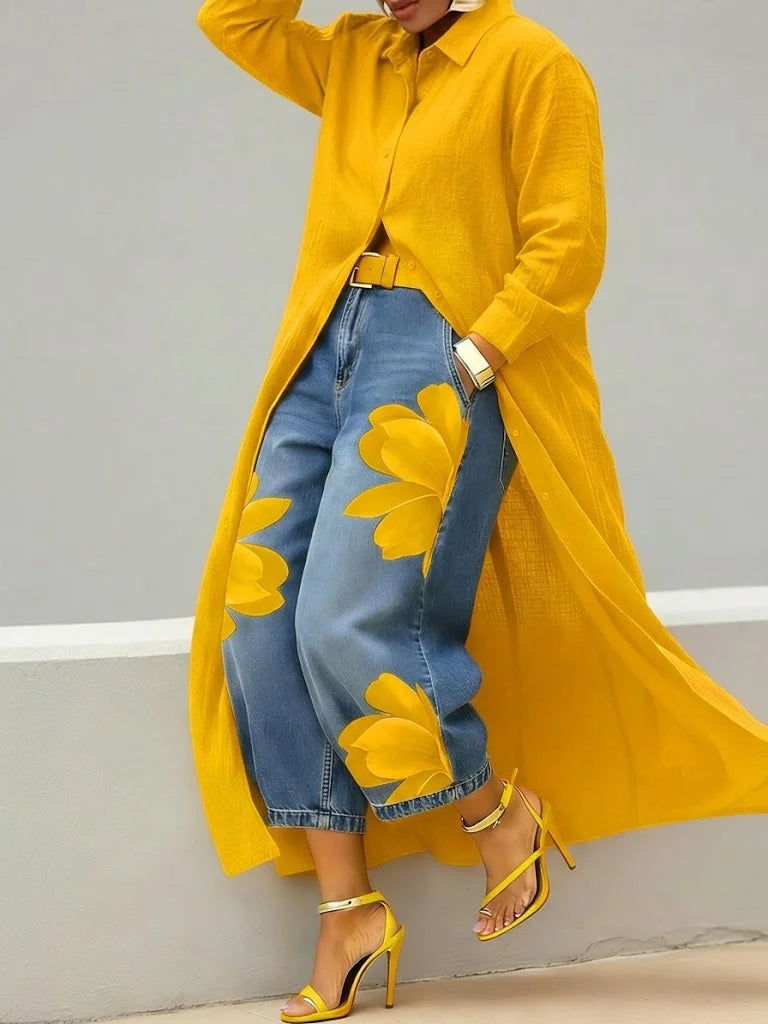Women's Shirt Dress and Floral Jeans Two-Piece Set for Easy Layering