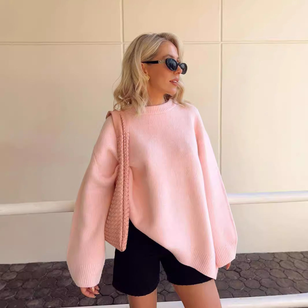 Women's Sweet Pink Crew Neck Winter Pullover - Oversized Loose-Fit Knit Sweater - Casual Drop Shoulder Top