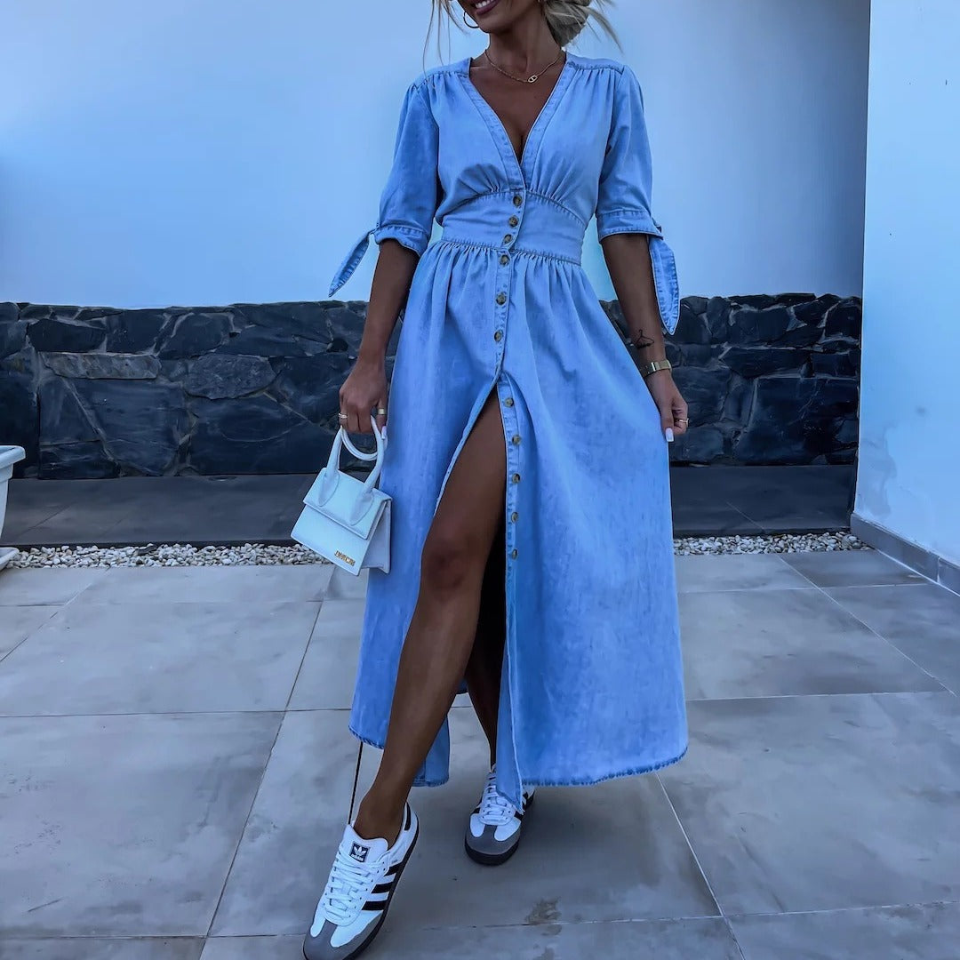 Elegant V-Neck Denim Dress for Women – Chic & Timeless Style