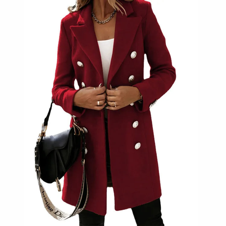 Women's Tailored Double-Breasted Long Coat with Classic Lapel Collar