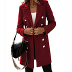 Women's Tailored Double-Breasted Long Coat with Classic Lapel Collar