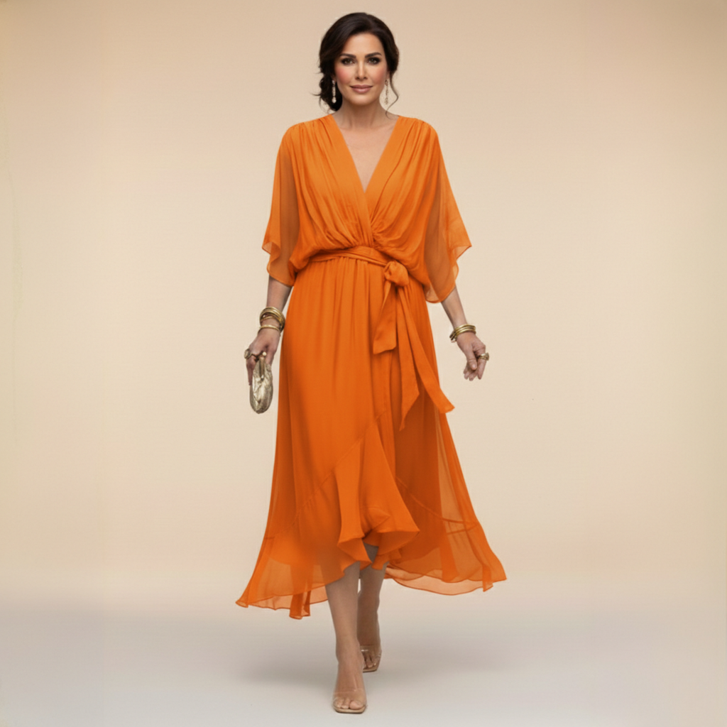 Women's Elegant V-Neck Flowy Sleeve Dress with Textured Layers