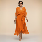 Women's Elegant V-Neck Flowy Sleeve Dress with Textured Layers