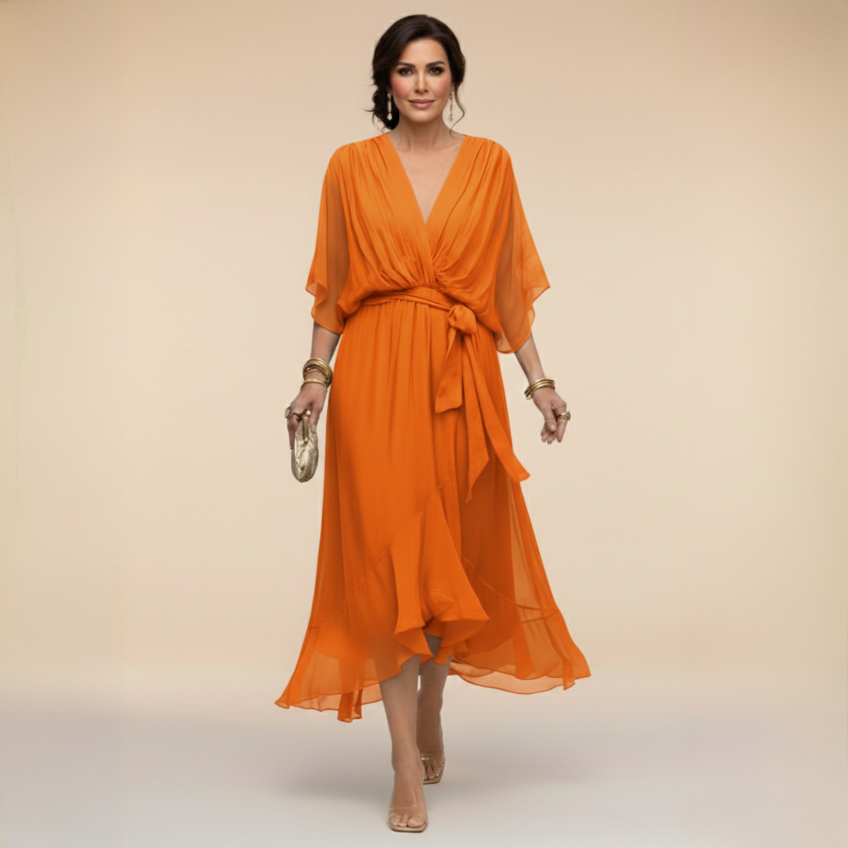 Women's Elegant V-Neck Flowy Sleeve Dress with Textured Layers