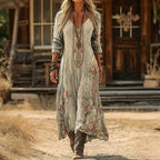 Women's Vintage V-Neck Long Sleeve Casual Dress with Flowing Silhouette