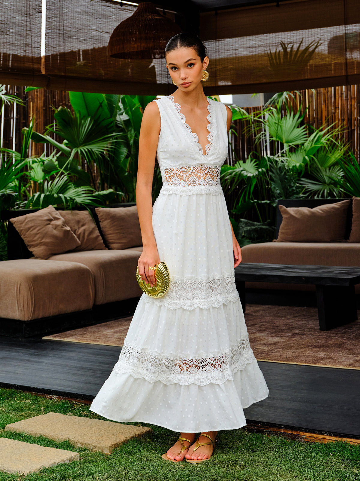 Semi-Sheer Lace Trim V-Neck Dress GG