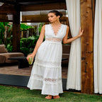 Semi-Sheer Lace Trim V-Neck Dress GG