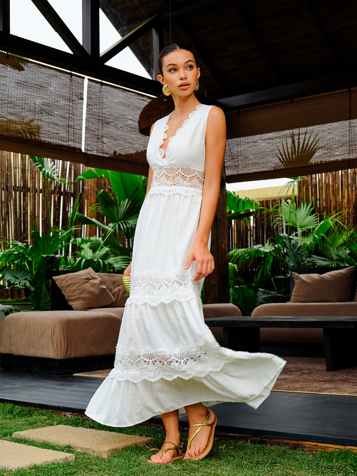 Semi-Sheer Lace Trim V-Neck Dress GG