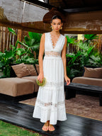 Semi-Sheer Lace Trim V-Neck Dress GG