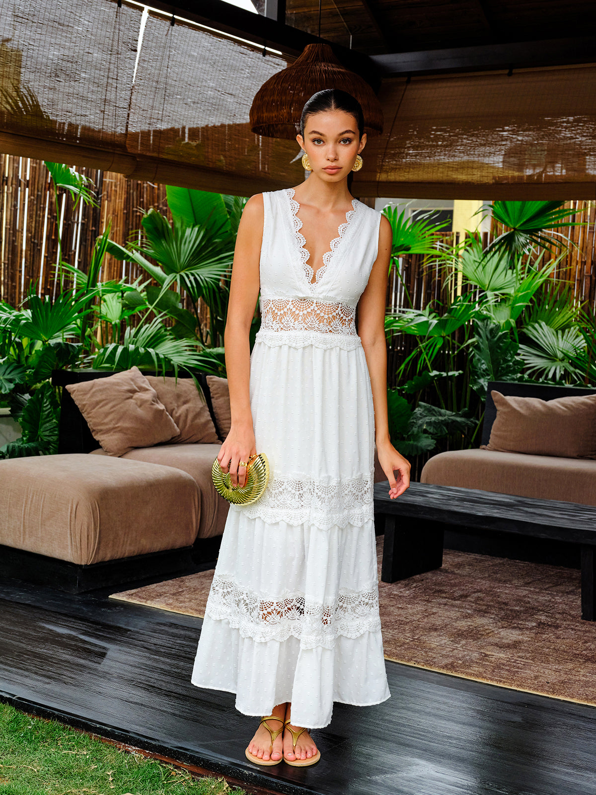 Semi-Sheer Lace Trim V-Neck Dress GG