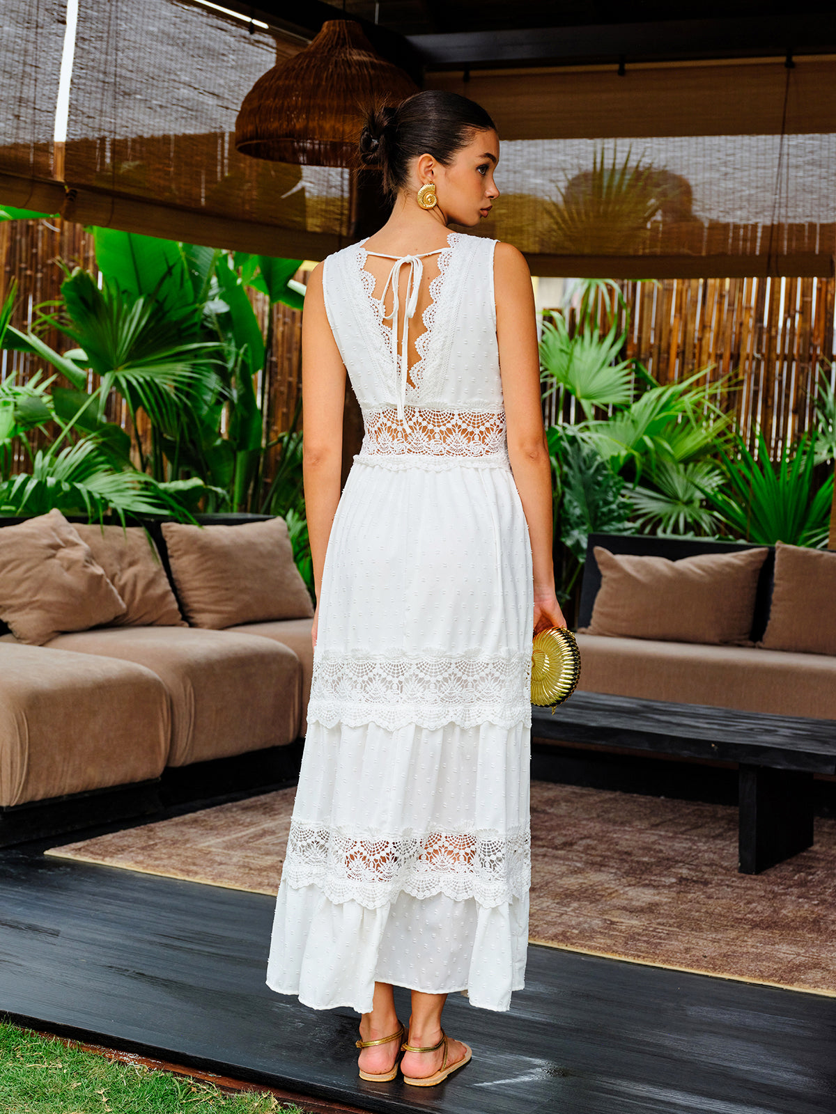 Semi-Sheer Lace Trim V-Neck Dress GG