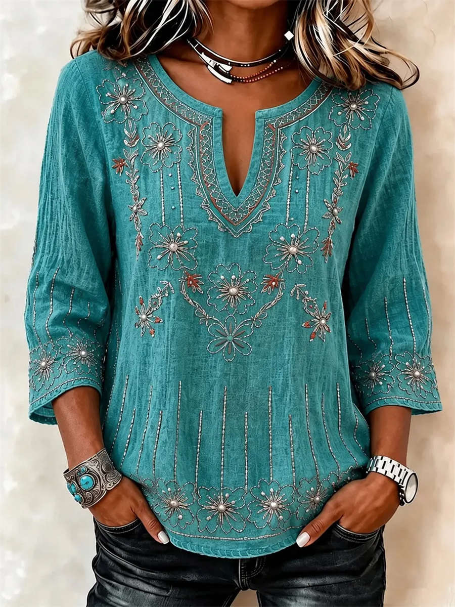 Teal Floral Embroidered 3/4 Sleeve Split V Neck Blouse for Women
