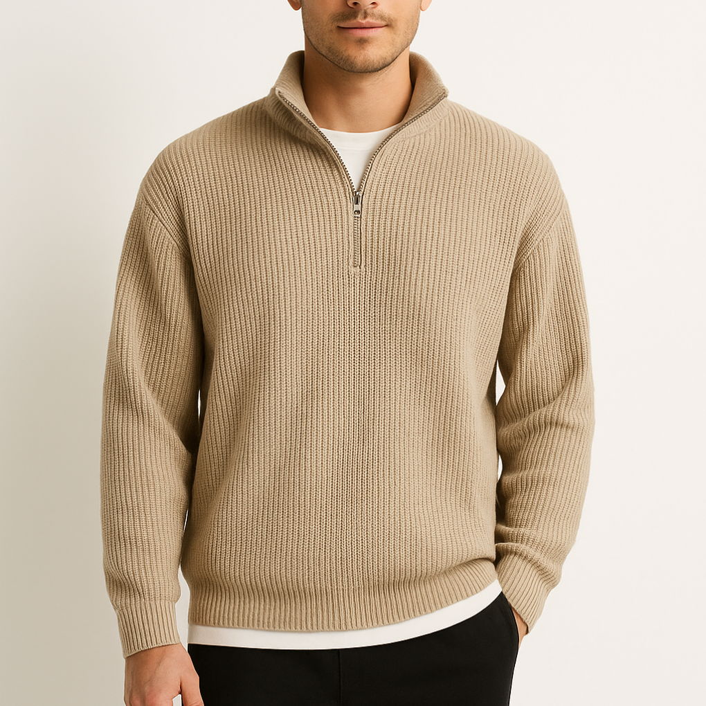 Men's Ribbed Half-Zip Pullover Sweater with Stand Collar for Casual Layering