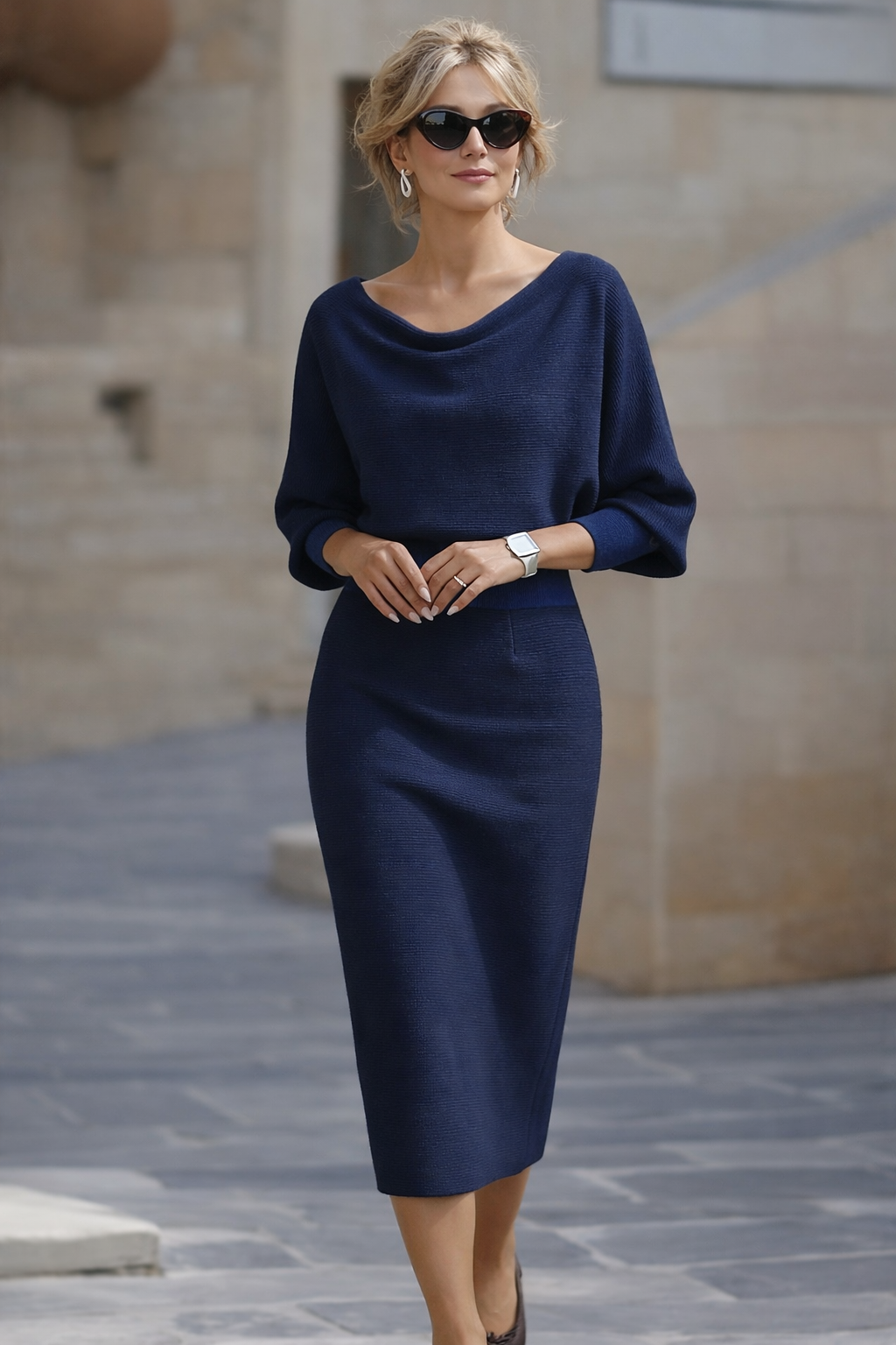 Women's Round Neck Midi Dress with Draped Silhouette