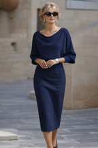 Women's Round Neck Midi Dress with Draped Silhouette