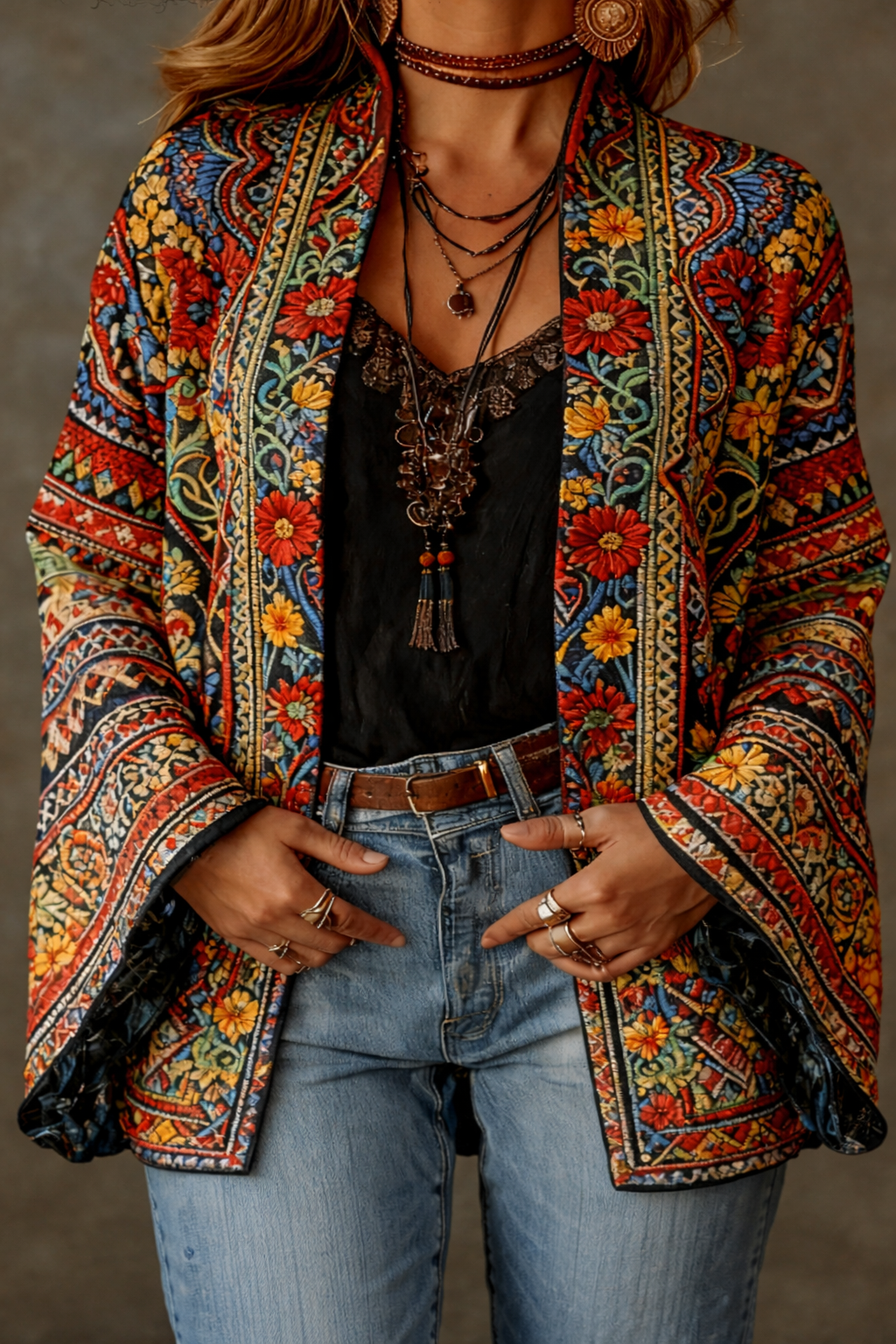 Women's Stylish Velvet-Touch Bohemian Cardigan with Intricate Patterns