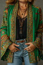 Women's Stylish Velvet-Touch Bohemian Cardigan with Intricate Patterns