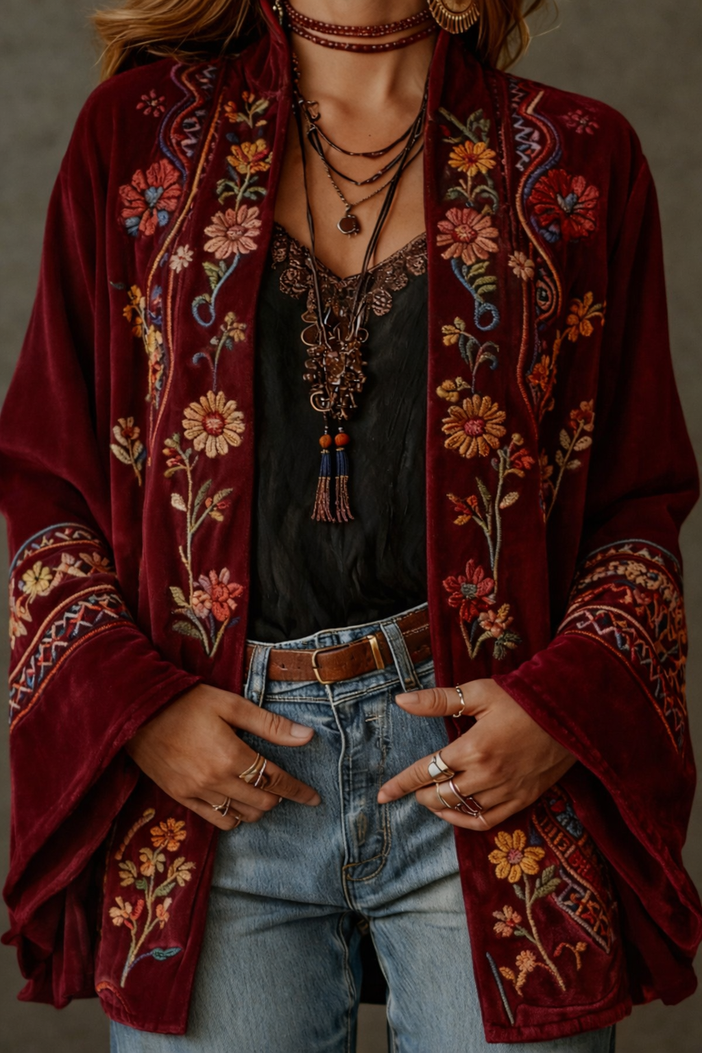 Women's Stylish Velvet-Touch Bohemian Cardigan with Intricate Patterns
