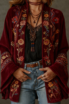 Women's Stylish Velvet-Touch Bohemian Cardigan with Intricate Patterns