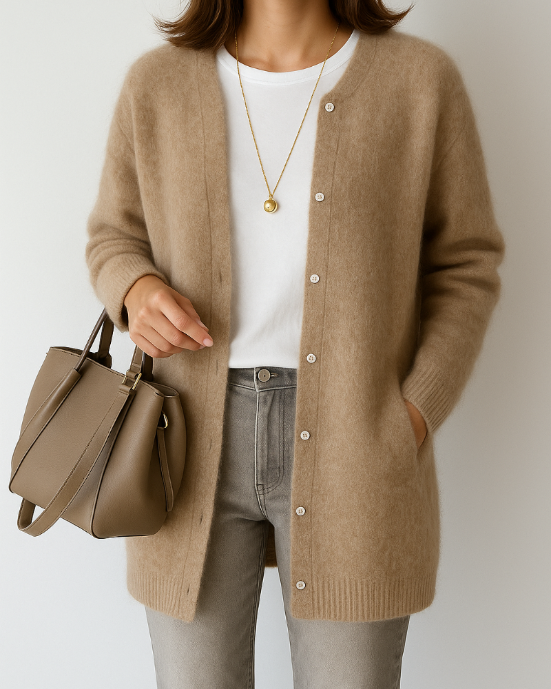 Relaxed Fit Button-Front Cardigan with Ribbed Trim and Long Sleeves